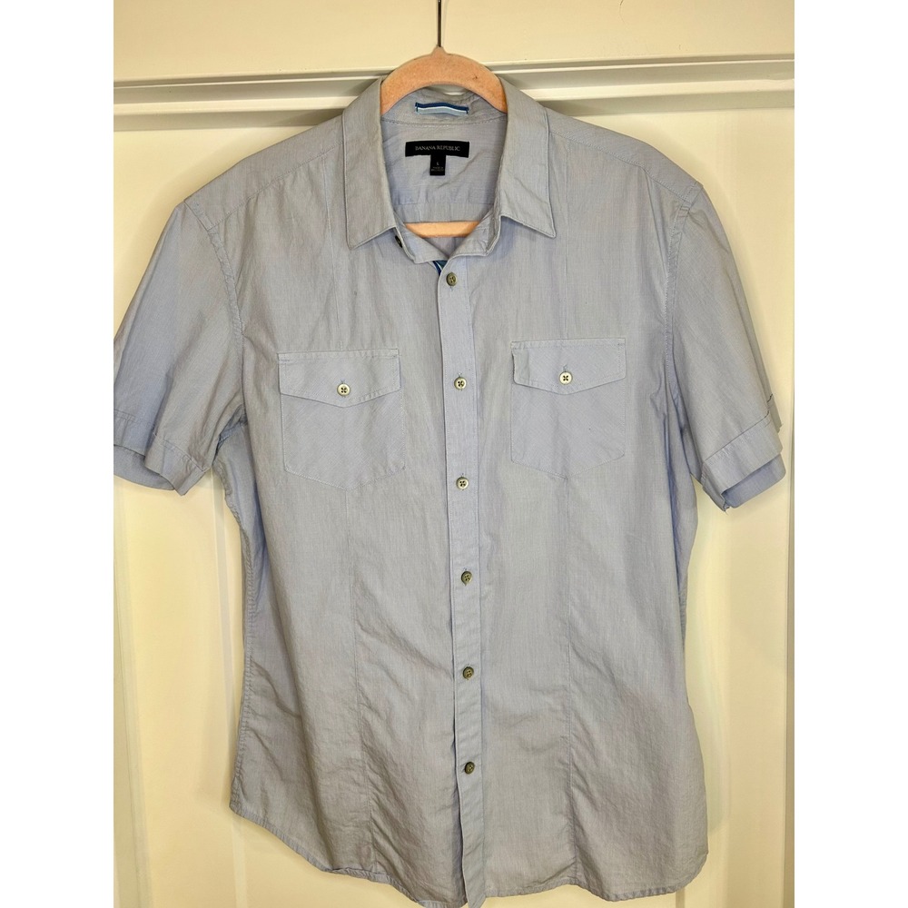 Banana Republic Mens Large Blue Micro‎ Check Short Sleeve Button Down Preppy
